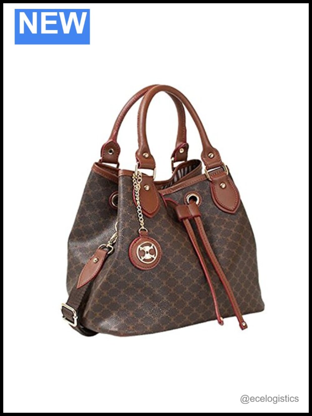 Leather Accents Drawstring Bucket Handbag Women Tote Shoulder Bag Gold Medallion